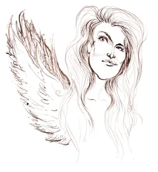 Angela Carter, romancière et journaliste anglaise; caricaturée avec des ailes en référence à son roman Nights at the Circus (1984)